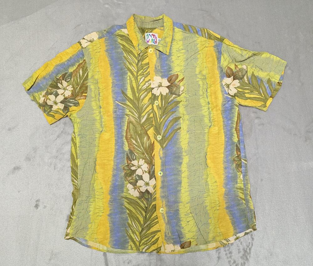 Jams World Shirt Mens Medium Yellow Striped Hawaiian Button Up Tropical RARE